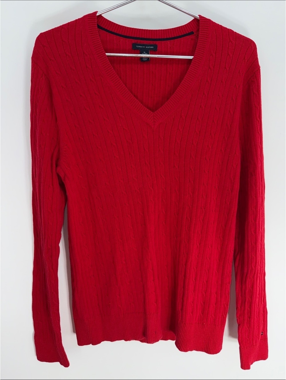 Tommy Hilfiger Red Cable Knit V-Neck Sweater XL